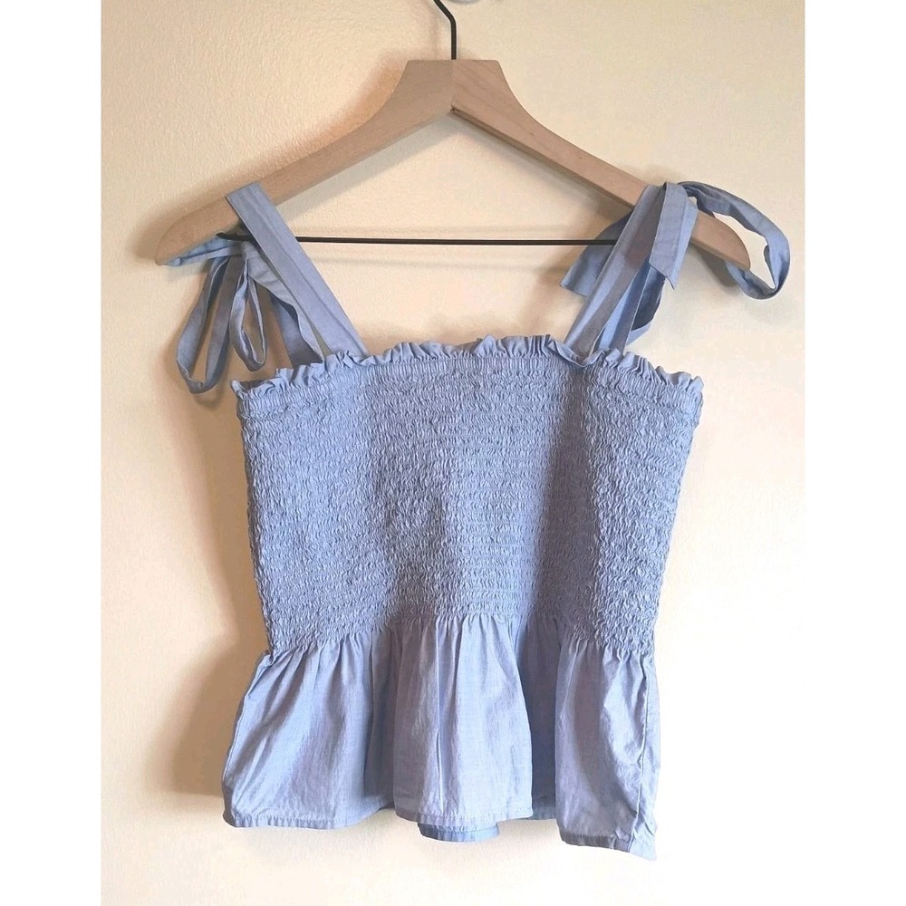 J.Crew Smocked Tie Strap Peplum Tie Top Blue Cotton Sleeveless Size M Coastal - Picture 3 of 10